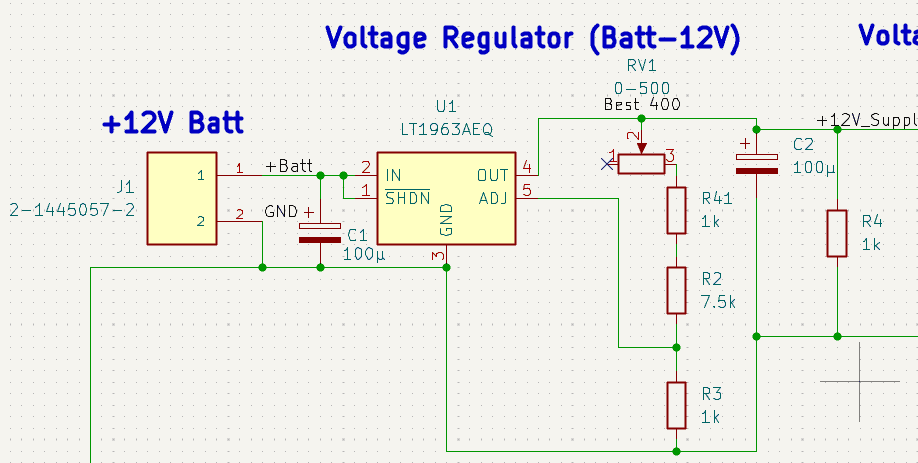 KiCad schematic of the adjustable LT1963A 12 volt regulator