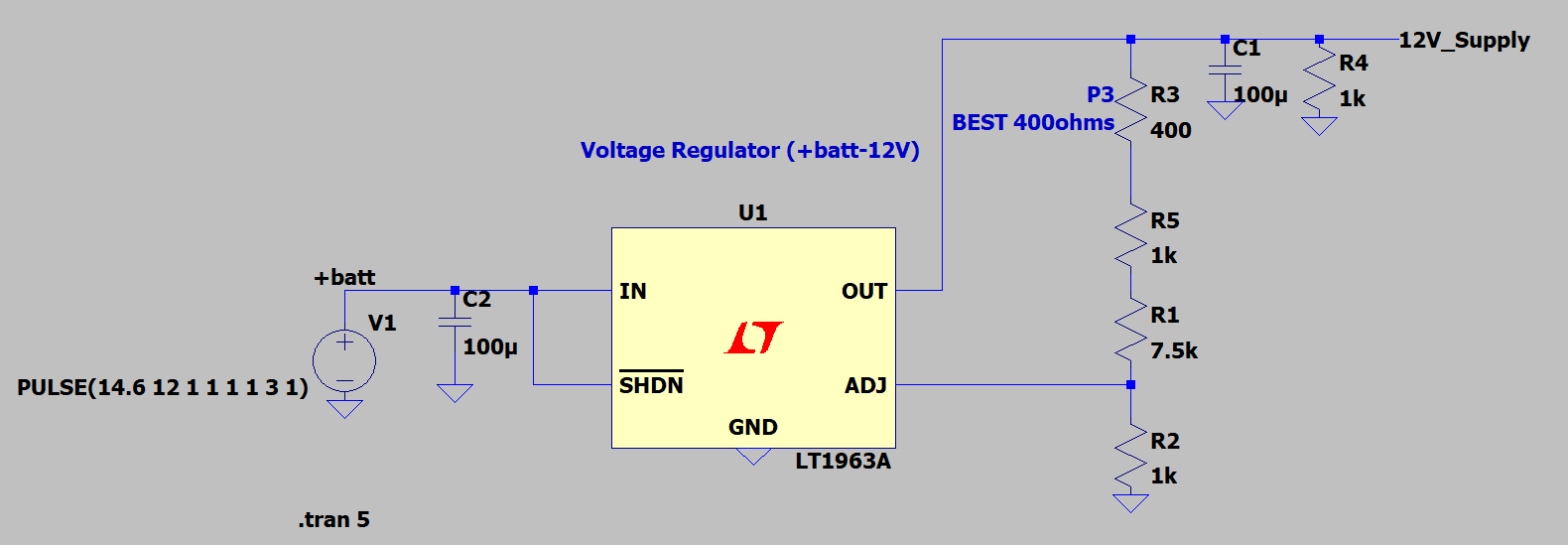 LTspice schematic used to validate the adjustable 12 volt regulator