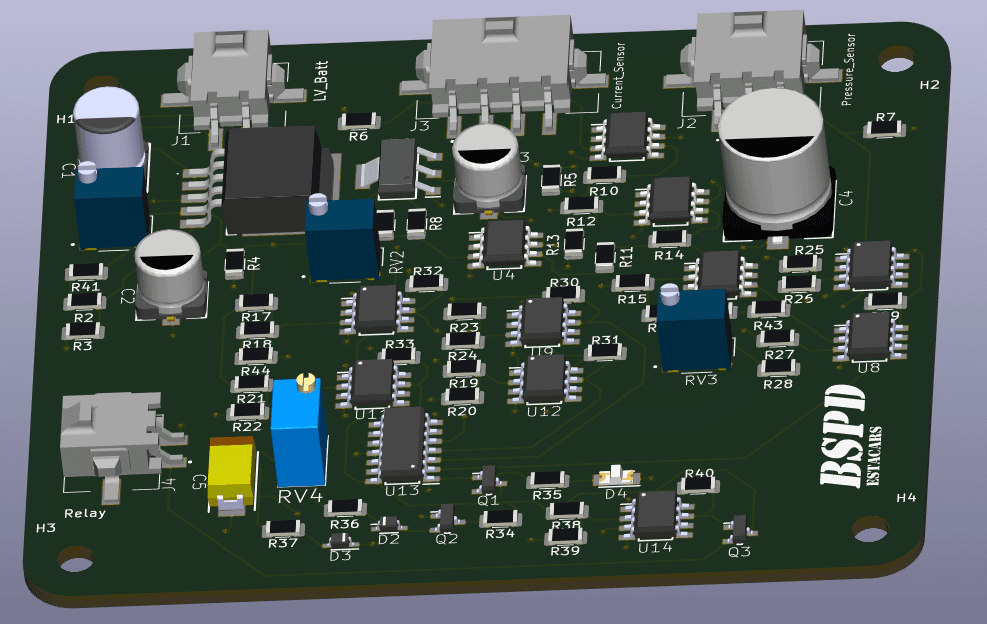 Three-dimensional KiCad model of the assembled BSPD board