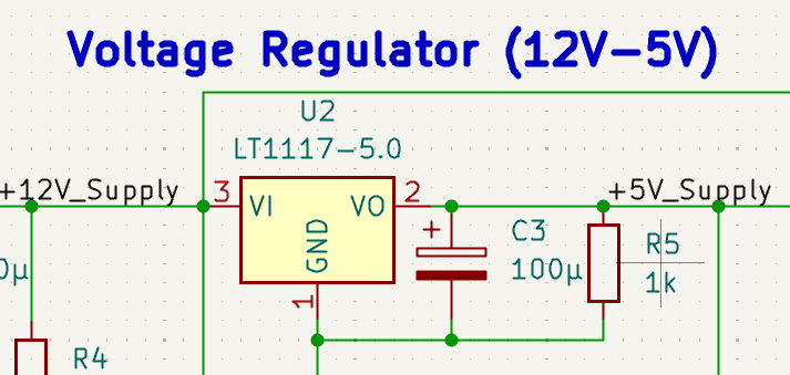 KiCad schematic of the LT1117-5 regulated 5 volt sensor supply