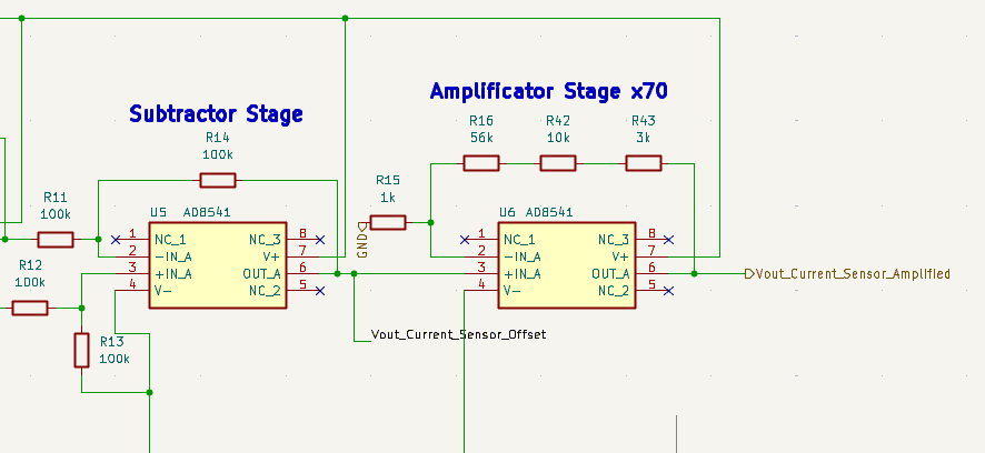 KiCad schematic of the differential subtraction and current-signal amplification stage