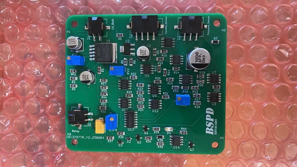 Freshly assembled BSPD printed circuit board before vehicle integration