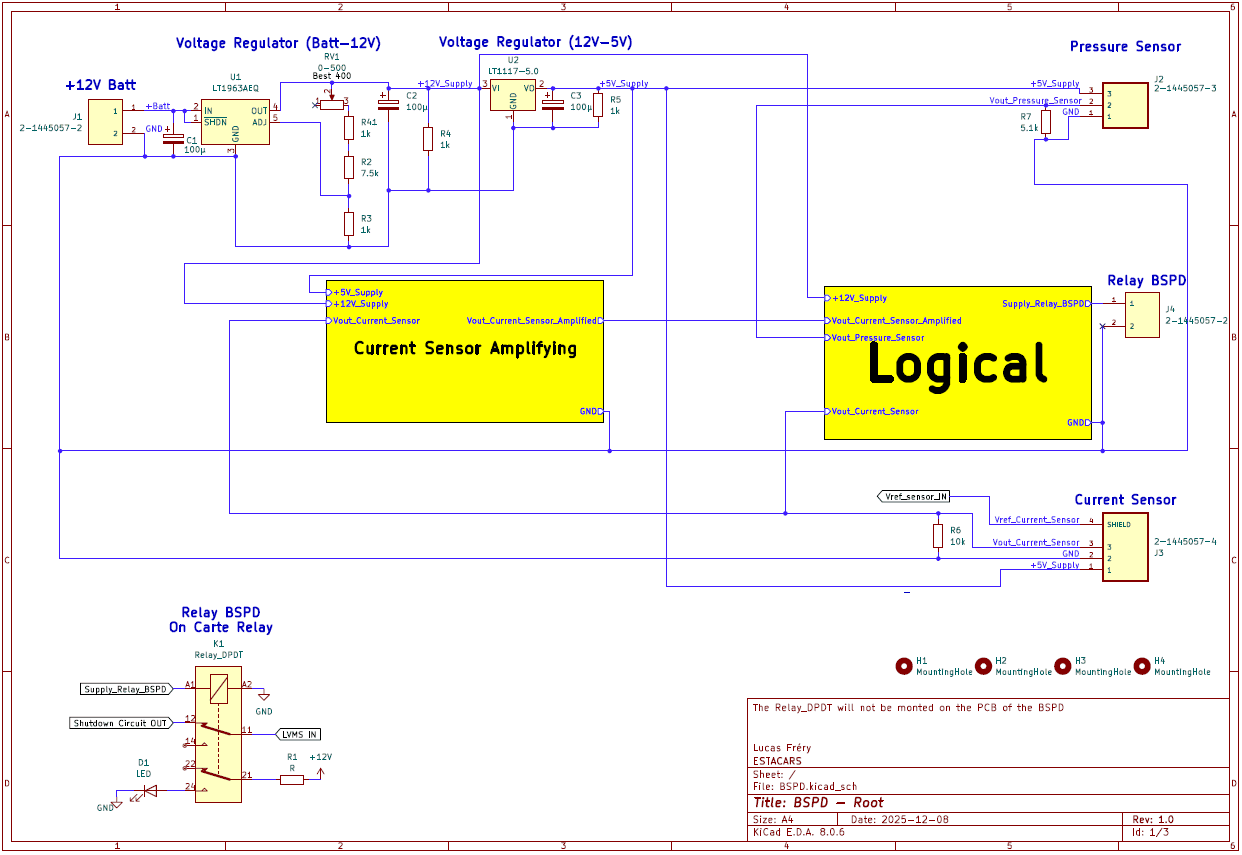 Top-level hierarchical KiCad schematic of the complete BSPD