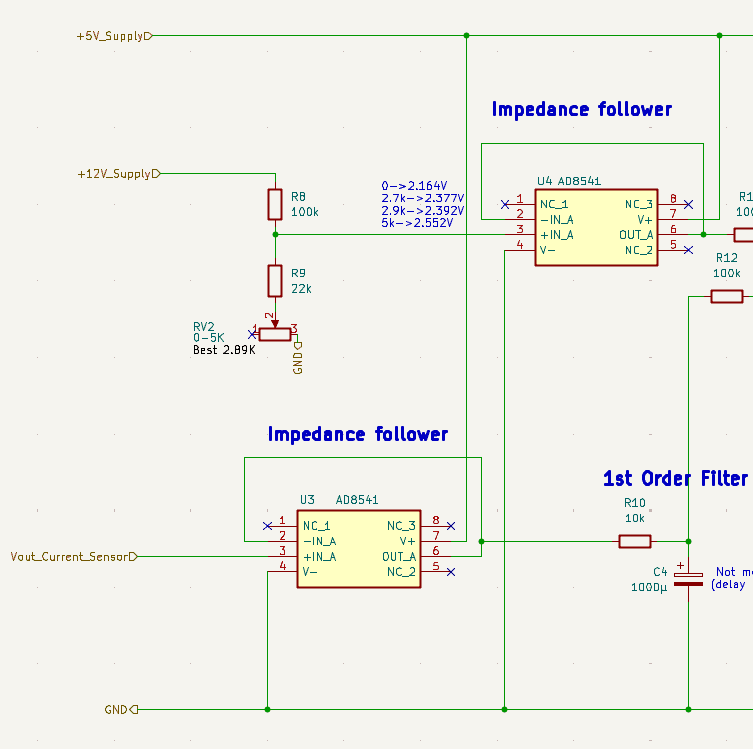 KiCad schematic of the buffered current-sensor reference and offset adjustment