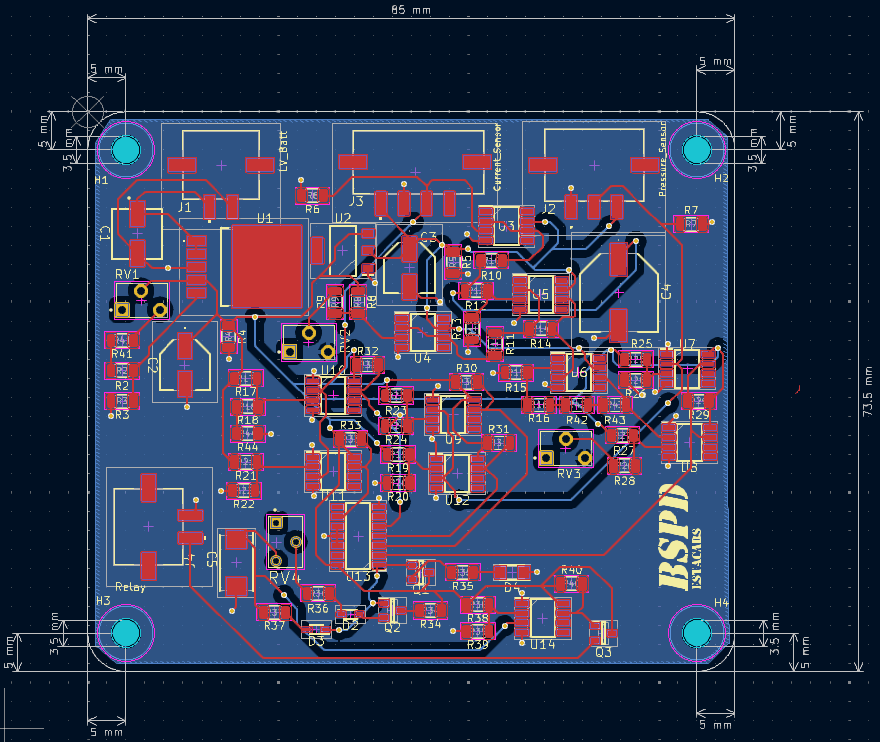 Completed BSPD printed circuit board layout in KiCad