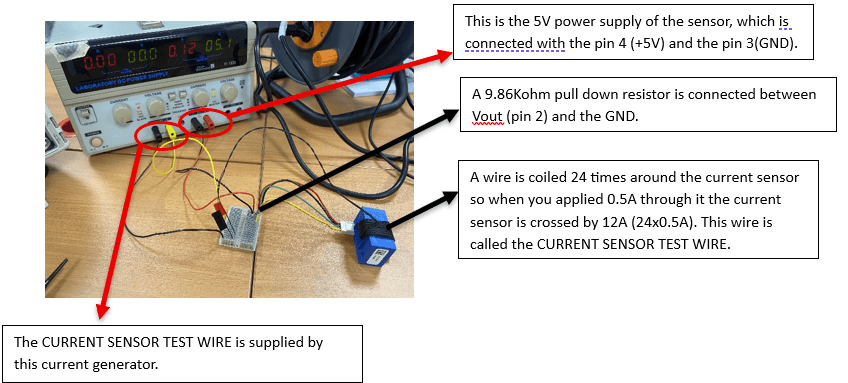 Bench setup used to validate the BSPD Hall-effect current sensor