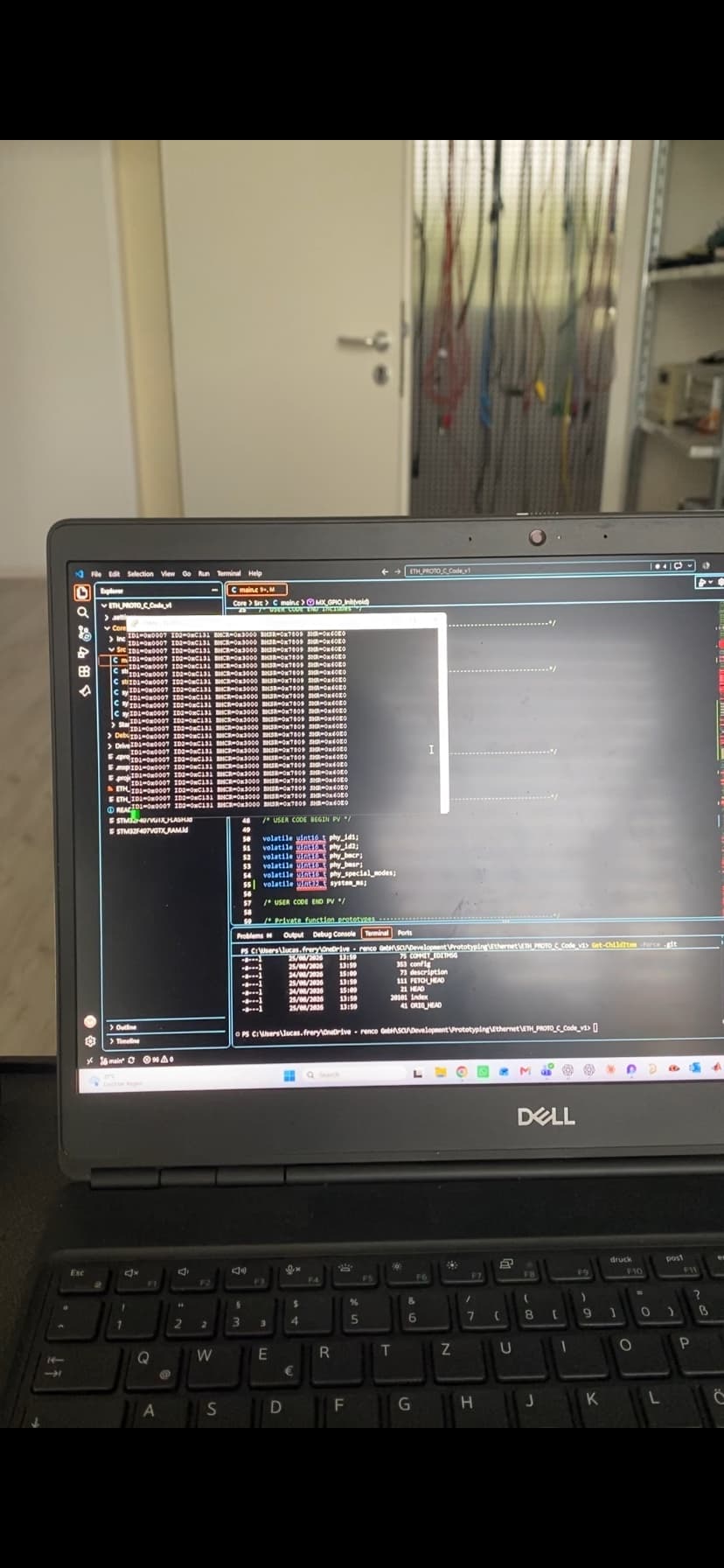 Firmware test output displayed on a development workstation